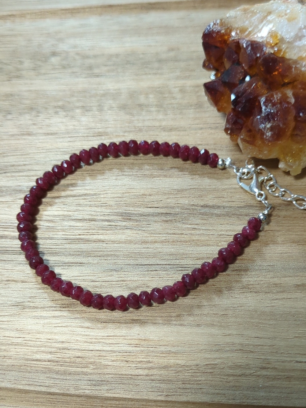 Women's Ruby-Red Jade Beaded Bracelet - Sterling Silver Plated Clasp And Chain